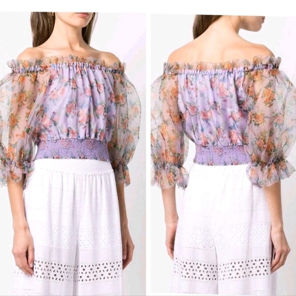 ALICE + OLIVIA Caprina Silk Puff Sleeve Off Shoulder Crop Top Size Small NWOT - Picture 4 of 15